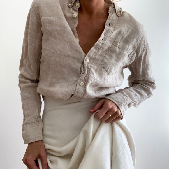 Vintage Tops - Vintage Linen Button Up Pocket Blouse